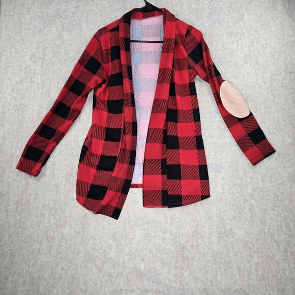 Plaid Open-Front Cardigan With Elbow Patches Red & Black Lightweight - Picture 1 of 5